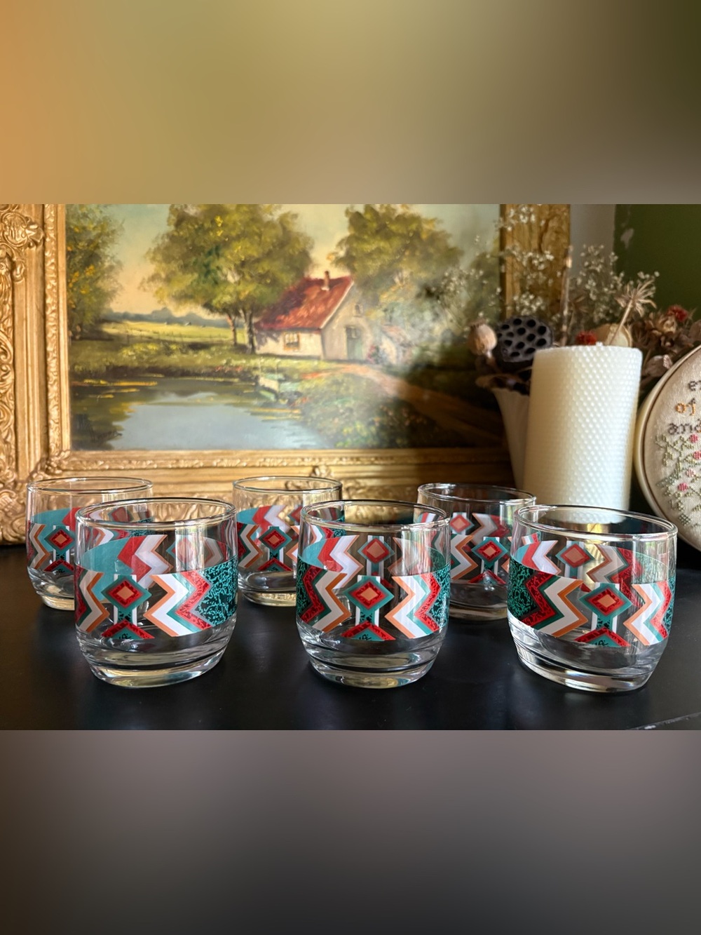 VTG Set of 6 Anchor Hocking Short Glasses Gibson “Mojave” Southwestern Pattern